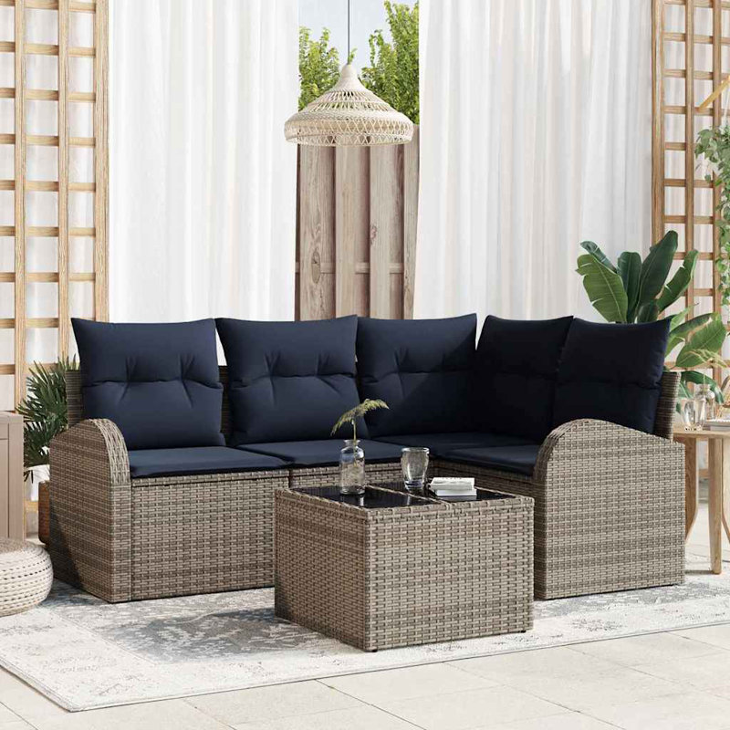  Ensemble de canapé de jardin avec coussin 5 pièces en rotin de polyester brun, Coussin rouge / cadre brun