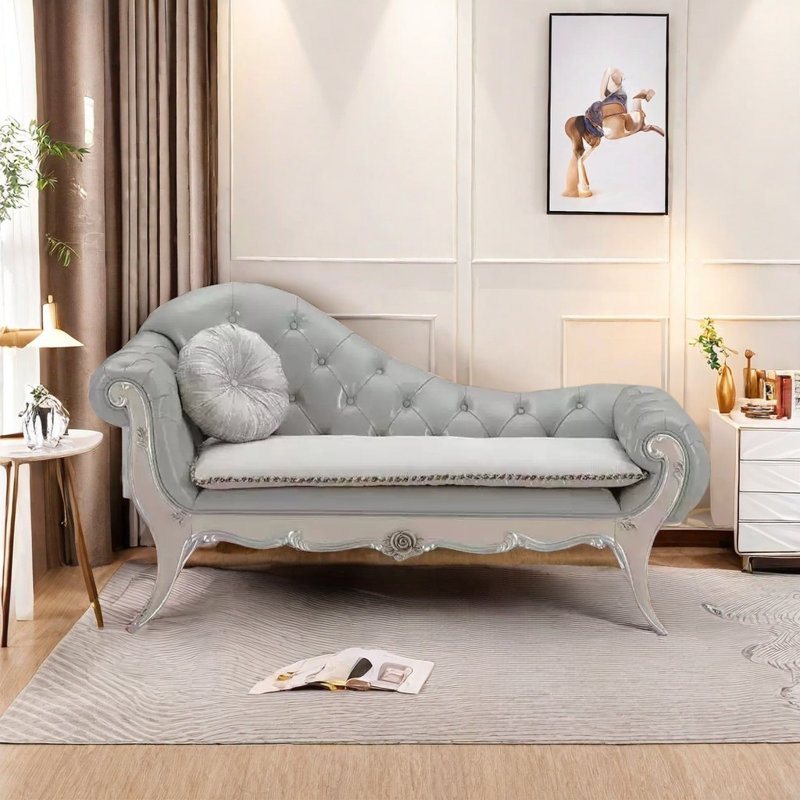 Chaise longue - éponge, bois et similicuir, Blanc crémeux, Bleu pastel