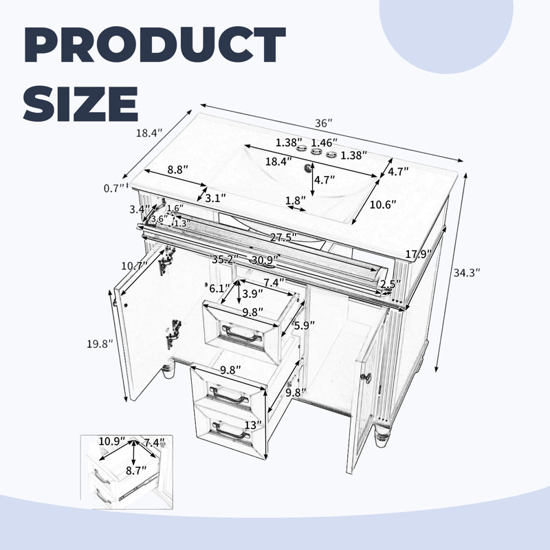 Meuble-lavabo autoportant 36 po avec lavabo 36 po - Portes à fermeture en douceur, tiroir escamotable et lavabo en céramique pour un luxe sans effort