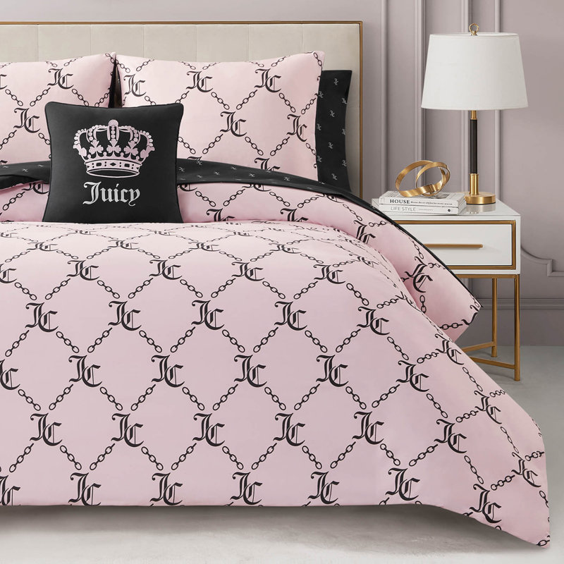 Juicy Couture Link Printed Bed-in-a-Bag Comforter Set, Queen Comforter + 7 Additional Pieces, Light Pink/Black