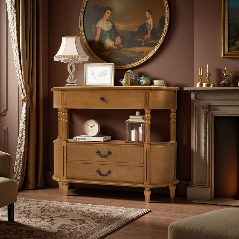 Console rétro en bois courbé avec 3 tiroirs, table d'entrée de 43 po avec tablette de rangement, canapé derrière le canapé avec pieds en bois massif pour le couloir du salon