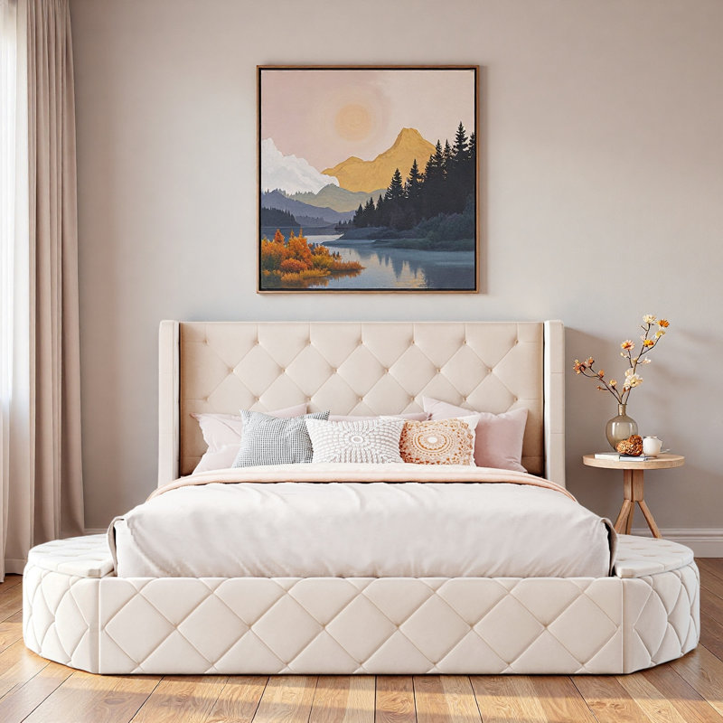 Lit plateforme tapissier avec tête de lit à oreilles, 1 grand tiroir et 2 tabourets de rangement latéraux, Beige