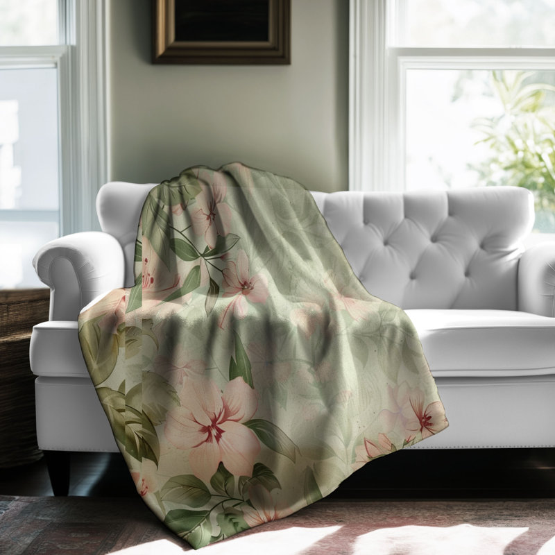 Pink-Green Vintage Blossoms - 1 Piece Premium Sherpa Blanket, Twin