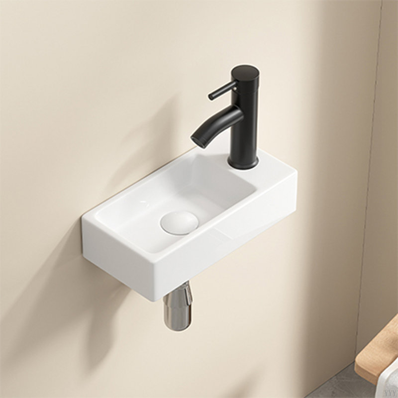 Lavabo mural à petite vasque rectangulaire en céramique avec lavabo à gauche, sans robinet ni bonde