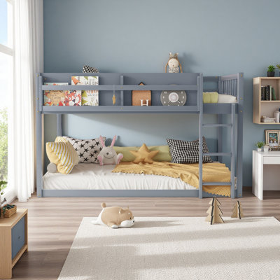 Low Twin Over Twin Bunk Bed, Floor Bunk Bed With Ladder, Solid Wood Twin Bunk Bed For Kids & Juniors,