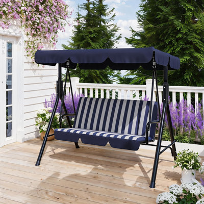 3-Seat Outdoor Swing Chair with Adjustable Canopy, Heavy Duty Metal Frame, Weather-Resistant, Comfortable Patio Glider Bench for Garden, Backyard, Poolside - Blue Stripe-zy