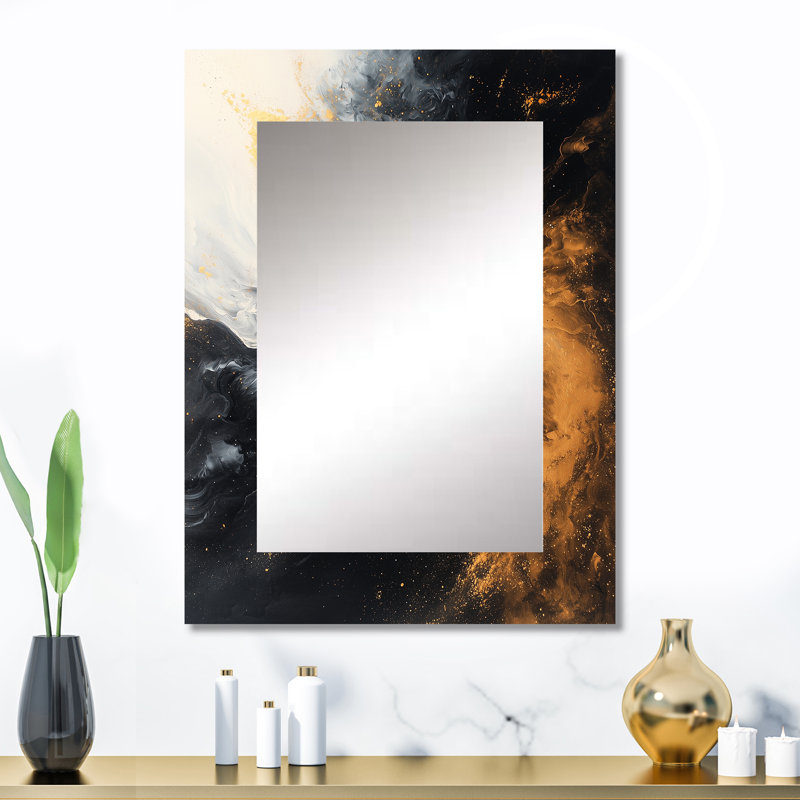 Gold And Black Auroras Edge Shapes III - Abstract Shapes Large Wall Mirror, Modern Unique Mirror, Printed Metal Art