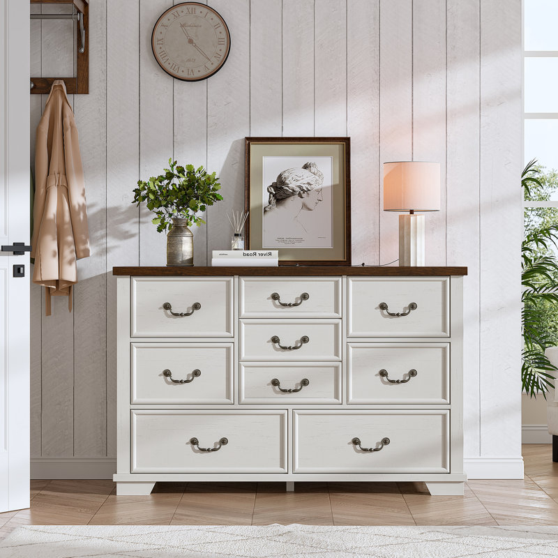 Antique White and Brown Wooden 9-Drawer Dresser with Metal Handles