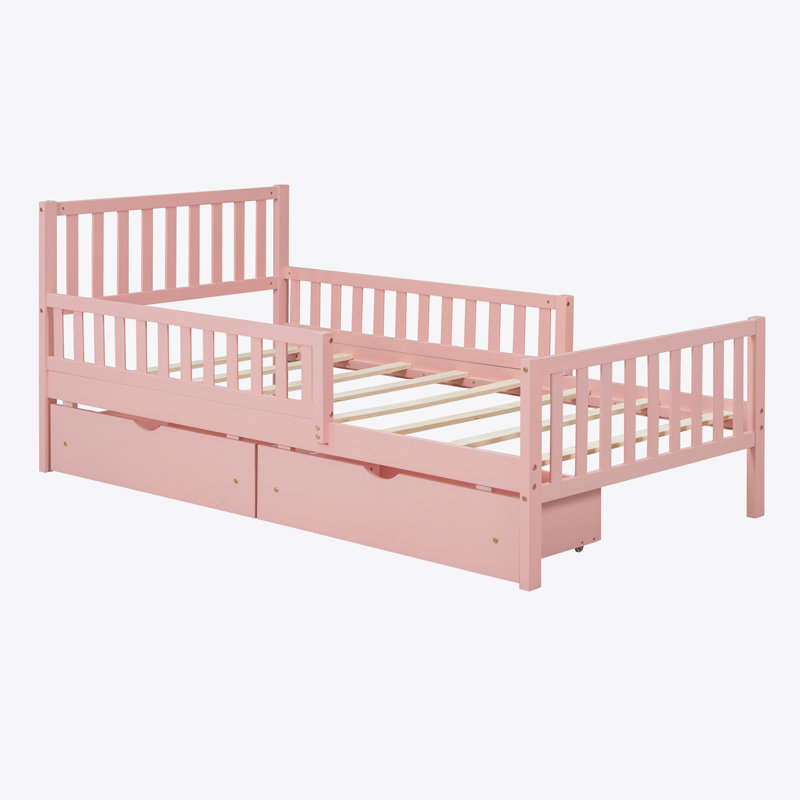 Twin Wood Platform Bed with Guardrails on Both Sides and Two Storage Drawers, Pink