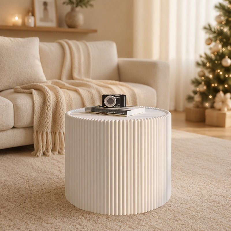 Table basse ronde moderne en forme de tambour avec plateau en ardoise naturelle et structure recouverte de cuir microfibre pour salon