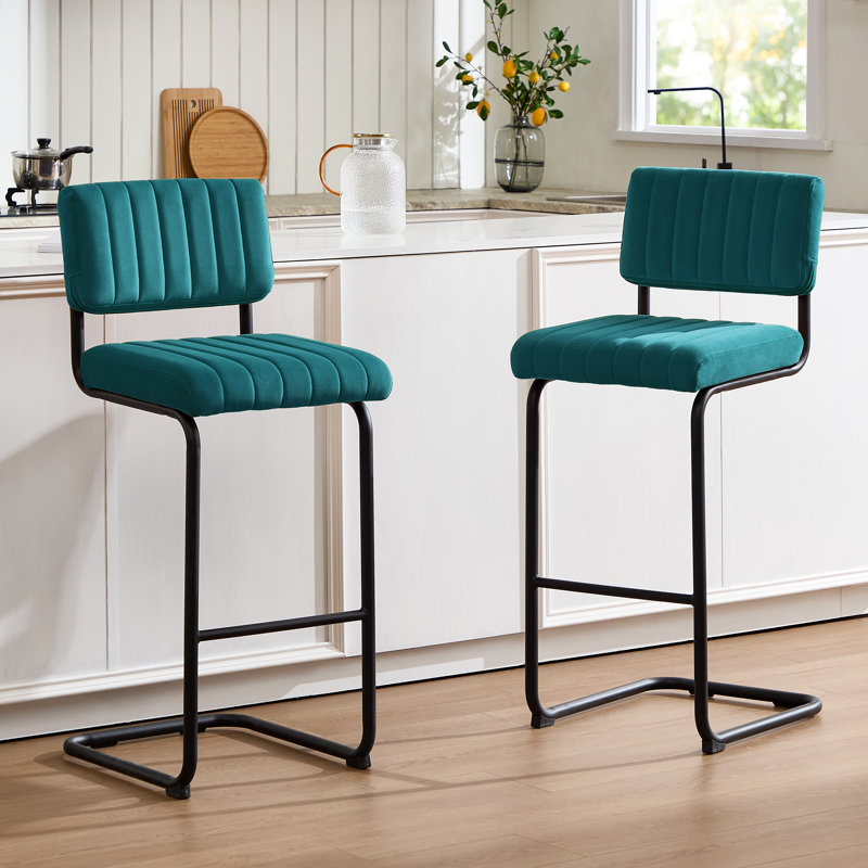 Tabouret de bar / comptoir en velours capitonné à dossier bas Marlow, Bleu sarcelle