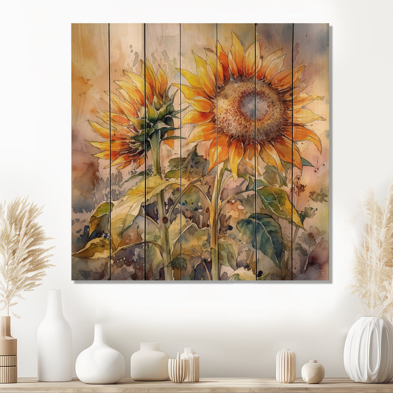 Jaune tournesol symphonie III - imprimé floral de tournesol sur bois de pin naturel, H 35 po x l 35 po x P 0,78 po