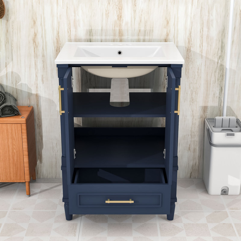 Meuble-lavabo avec pieds français sculptés, lavabo en céramique, tablette réglable et tiroir, Blue