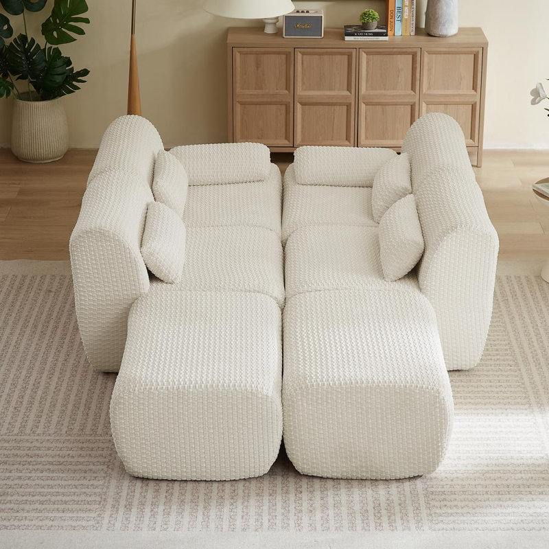 Canapé modulaire avec 2 repose-pieds mobiles, canapé en U, Crème
