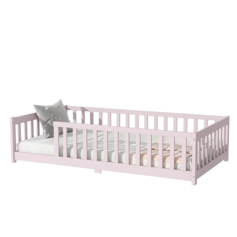 Bubbli Modern Floor Bed With Fence, Rubber Wood And Safety Guardrails, Pink