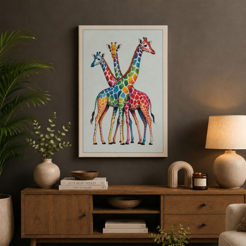 Three Giraffes Entwined Boho - Wrapped Canvas, 18x12 - 45.7 x 30.5 cm, Taupe Border