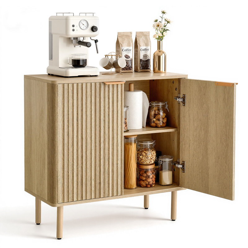 Coffee Bar Cabinet, Mid Century Fluted Coffee Bar Table with 2-Tier Storage, Buffet Stand Cabinet with 2 Barn Door, Sideboard Buffet Station for Living Room, Entryway, 31.5 x 14.7 x 31.5 in, Oak