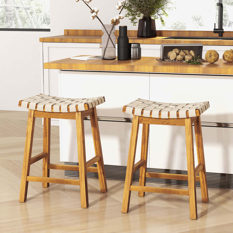 Woven Saddle Stools Set Of 2 Faux Pu Leather Counter Height Kitchen Stool, Counter Stool (25.5” Seat Height)