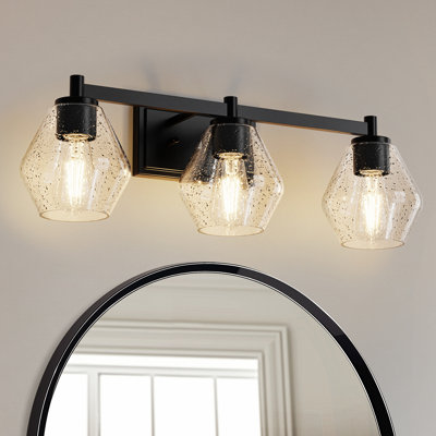 Alburtis 25 In. 3-Light Black Vanity Light With Cone Glass Shades For Bathroom, Vanity, Entryway
