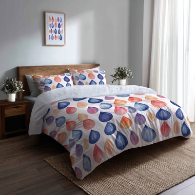Boho Bedding Set 3 Pcs - Paisley Blue And Orange Teardrops Duvet Cover And Throw Pillow Set