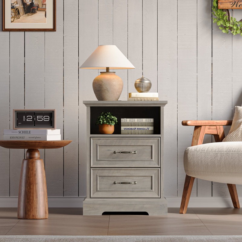 Vintage Nightstand With 2 Drawers, Gray Oak