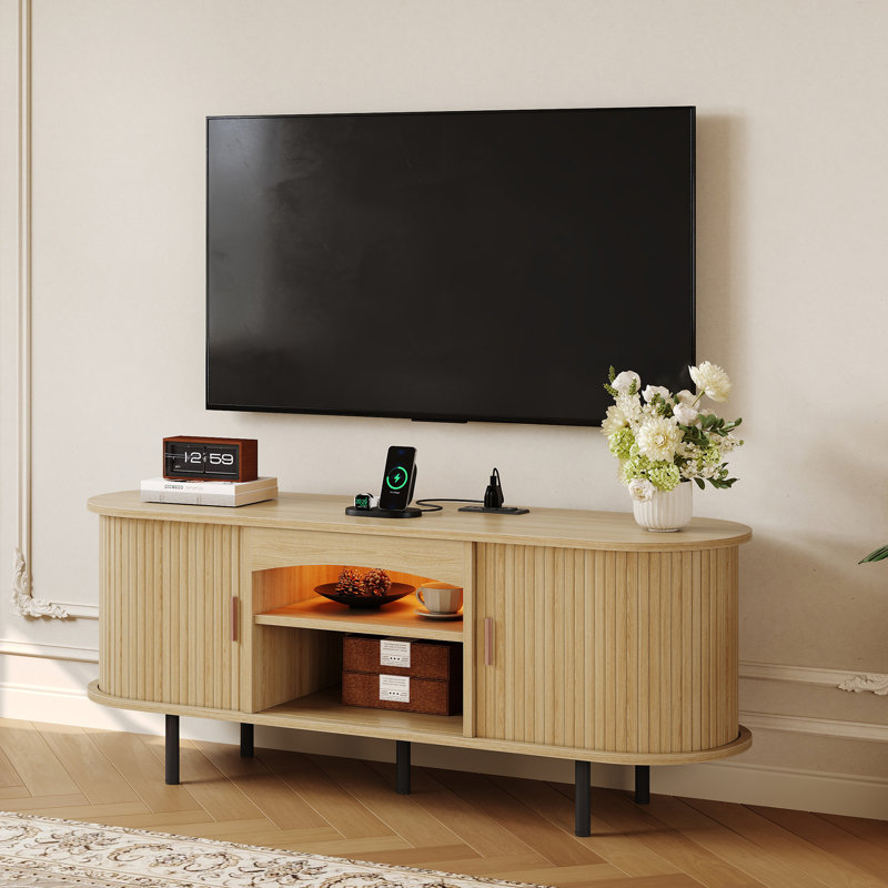 Meuble télé 55 po avec armoires de rangement, console de télévision Mid-Century moderne pour téléviseur de 65 po ou moins
