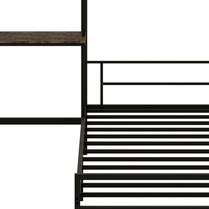 Lit superposé en L avec bureau et tablettes de rangement