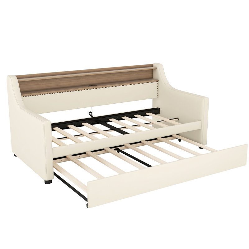 Lit de jour simple avec couchette en beige doux - Station de charge, lumières à DEL et taille de support de tête de lit