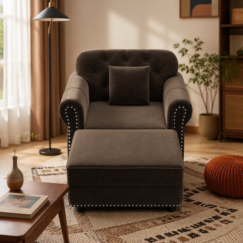 Canapé Chesterfield de 41,3 po en velours avec garniture cloutée et accoudoirs roulés, canapé de style Mid-Century moderne capitonné avec boutons, brun