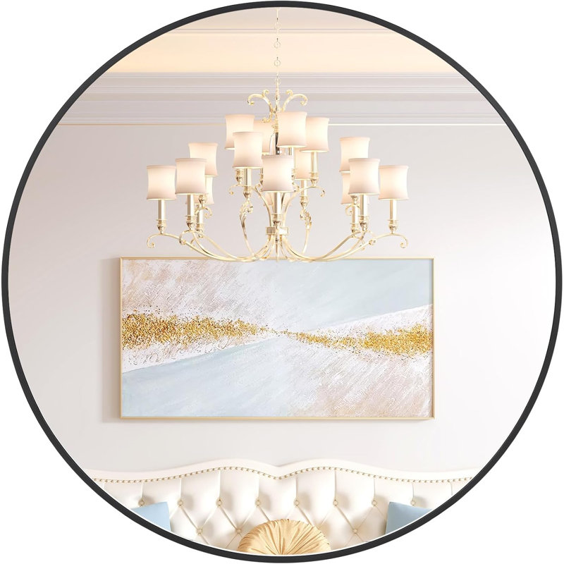 Round Wall Mirror, Modern Metal Frame, Decorative Bathroom & Living Room Mirror, Black, 36" x 36"
