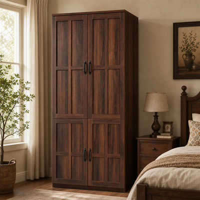 Armoire-penderie 71 po en bois de style campagnard autoportant pour chambre à coucher à 4 portes avec rangement spacieux et brun-rouge, modèle A