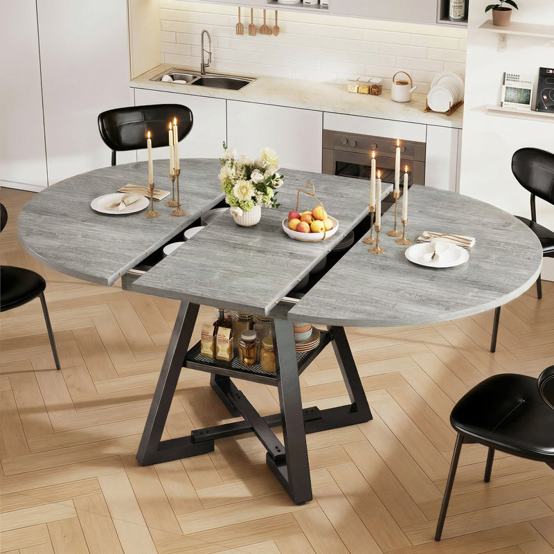 Table de salle à manger extensible de 43 à 57 po pour 4 à 8 personnes, table de cuisine industrielle ronde à ovale moderne avec tablette de rangement cachée, base piédestal compacte pour petit appartement et salon