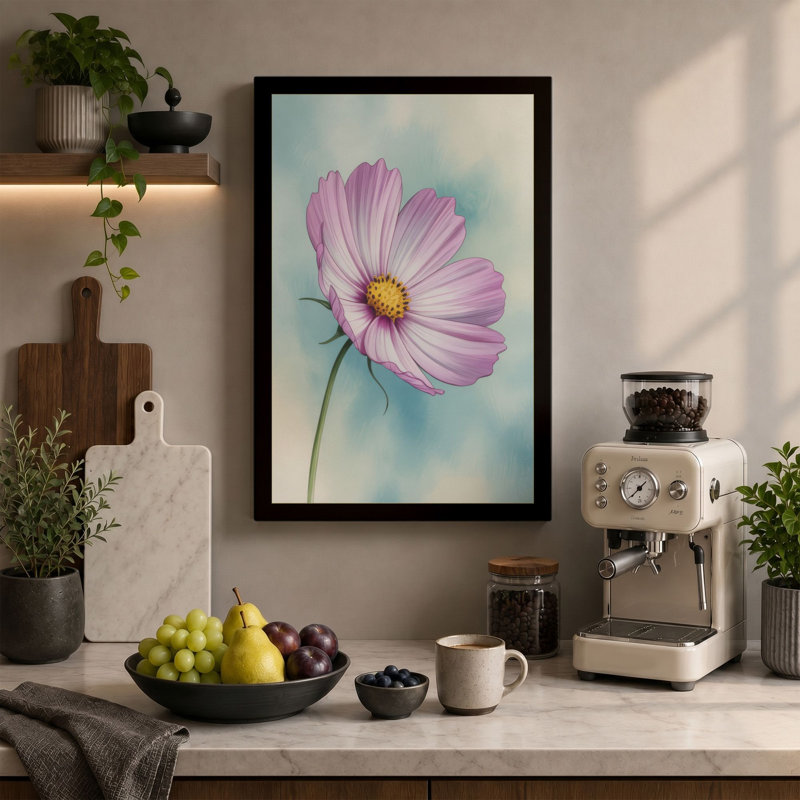 Pink Cosmos Bloom Botanical - Wrapped Canvas, 36x24 - 91.4 x 61.0 cm, Teal Border