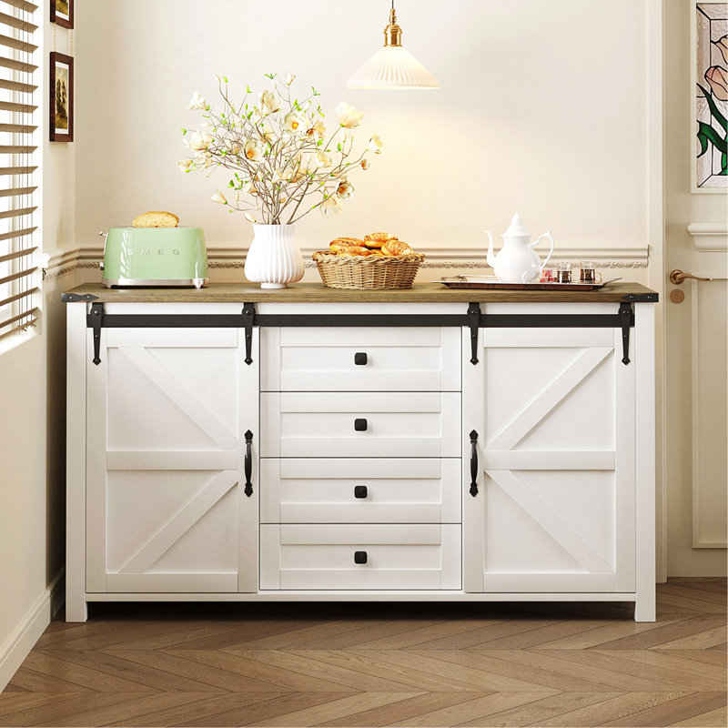 Farmhouse Sideboard With Sliding Barn Doors, 4 Drawers And Power Outlet, White