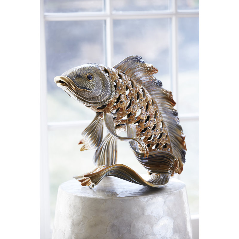 Handcrafted Brass Plated Koi Fish Figurine with Crystals