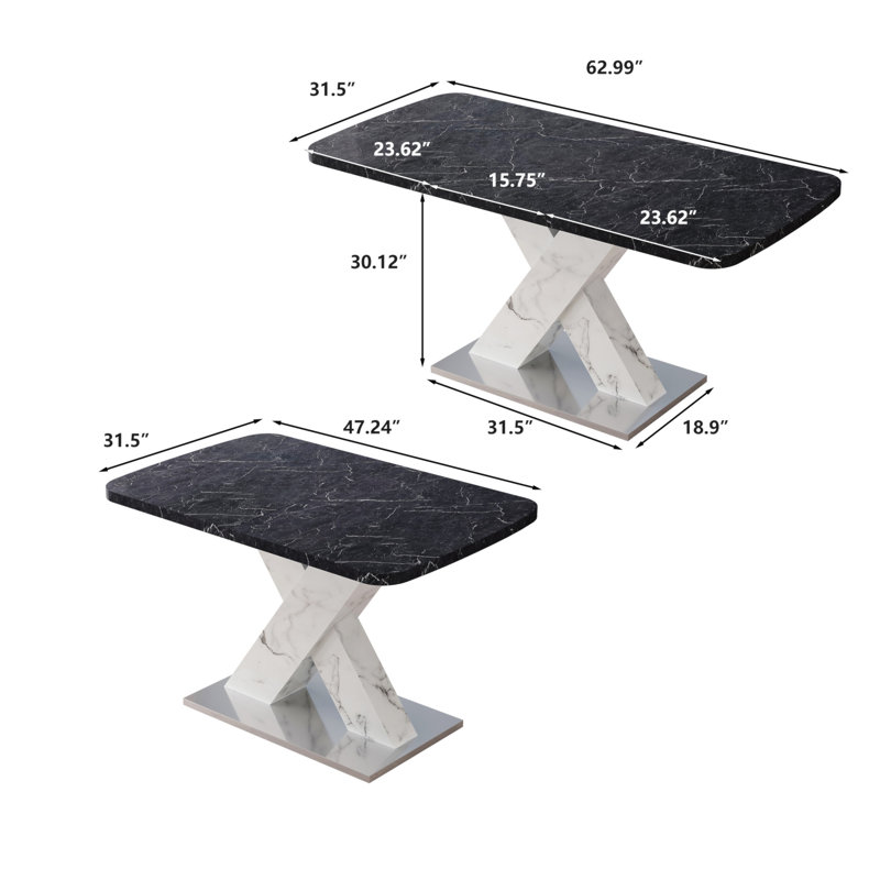 Table de salle à manger moderne carrée, extensible, avec plateau de table en marbre imprimé et panneau de fibres à densité moyenne