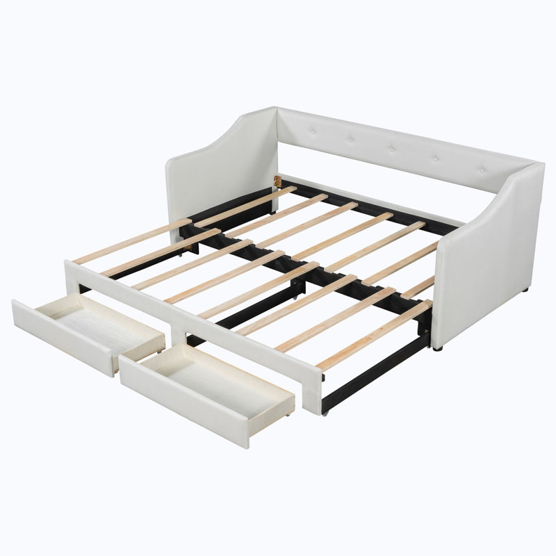 Linen Upholstered Daybed with Two Drawers, Beige