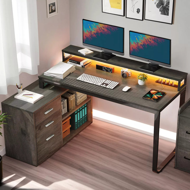 55'' L-Shape Computer Desk With LED Lights, Power Outlets & Drawer Shelves, Gray