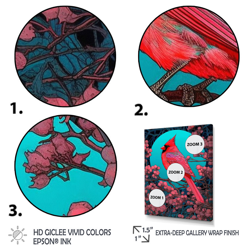 Cardinal rouge sous la pleine lune - impression, H 44 po x l 34 po x P 1,5 po, Cadre flottant noir