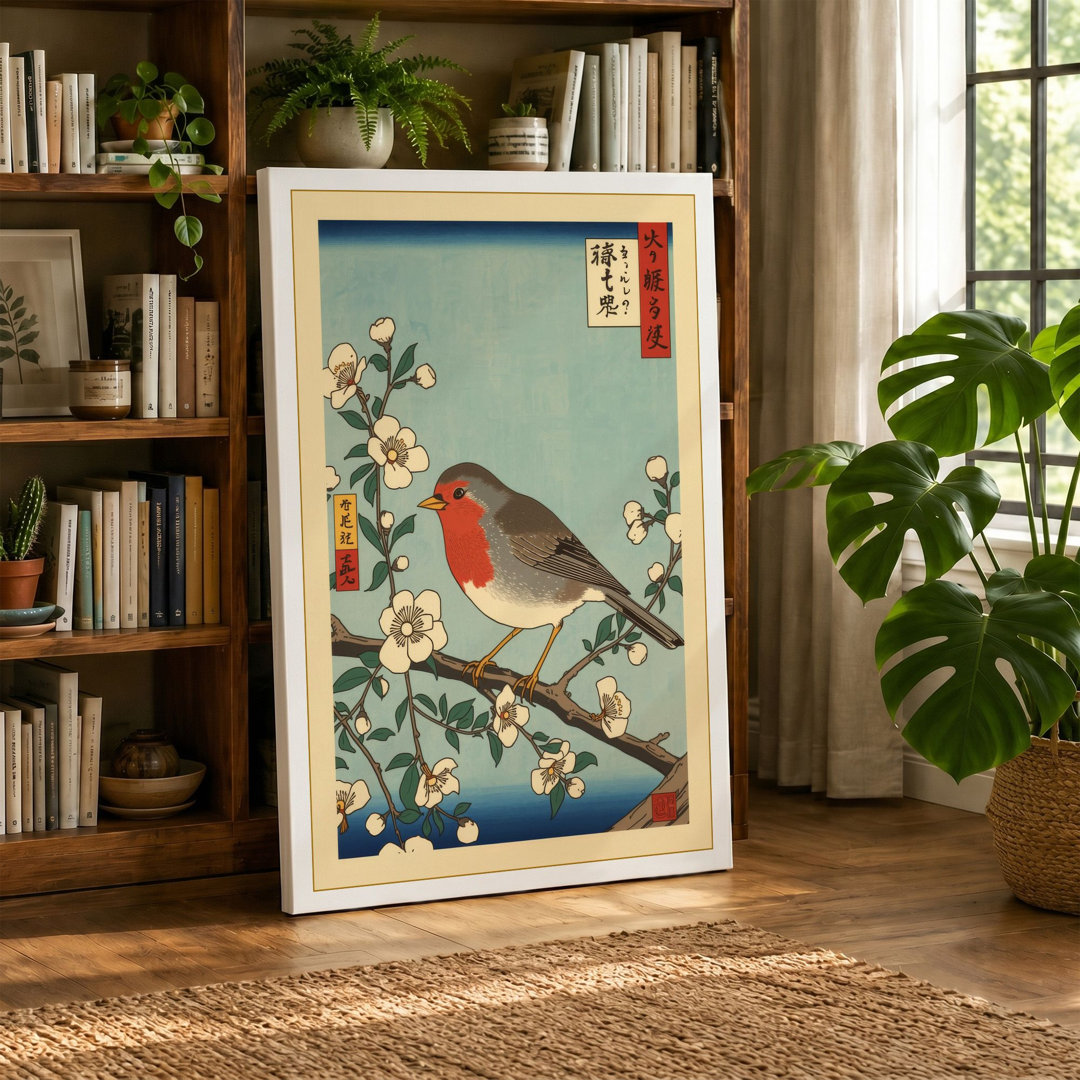Robin on Blossom Branch Japandi - Wrapped Canvas