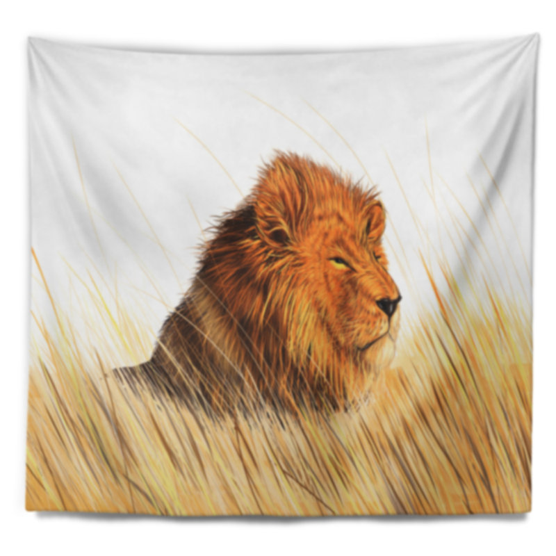 Lion regardant la tapisserie de l'environnement Animal, H 32 po x l 39 po