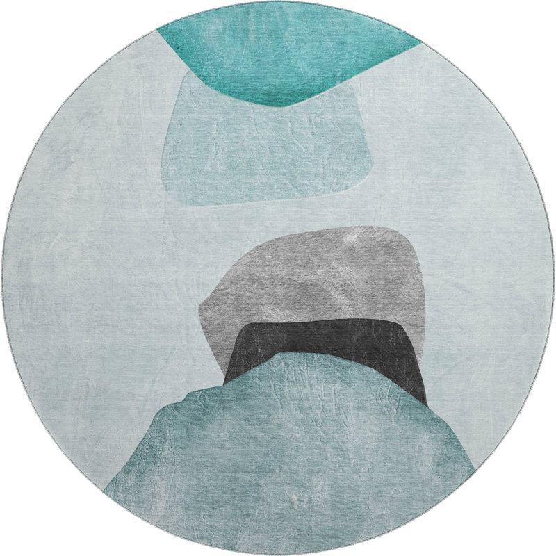 Premium Machine Washable Cerrito Amf547 Teal Rug, Round 8'