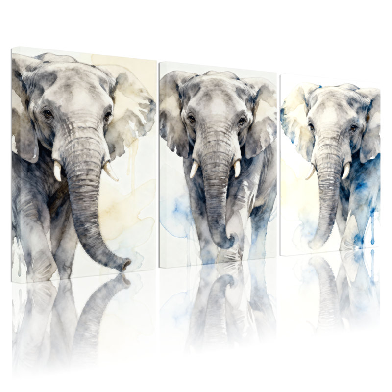 Animaux, éléphant, aquarelle, ensemble de 3 reproductions d'art sur toile, H 18 po x l 36 po