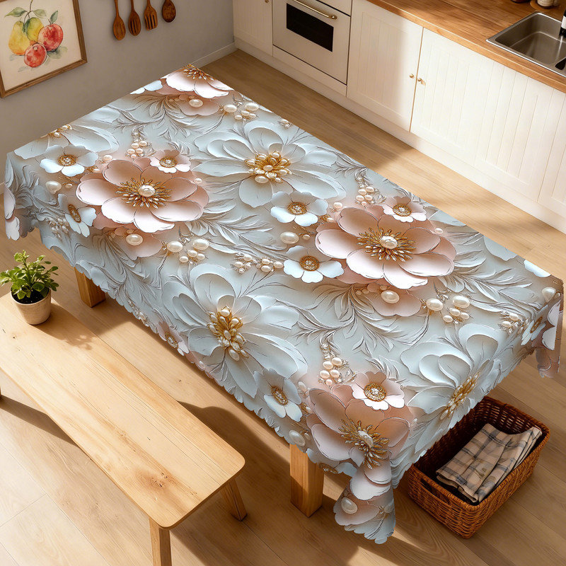Gray Floral Waterdrop Pattern Design Machine Washable Polyester Tablecloth, 70.8" L x 55.12" W