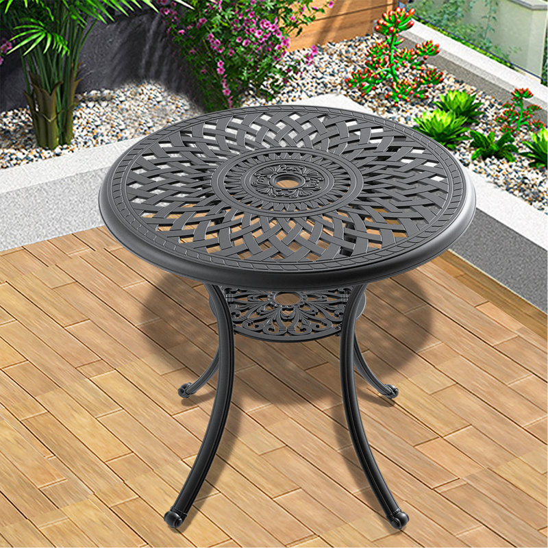 Table de salle à manger 30,71 pouces en fonte d'aluminium avec structure noire et trou pour parasol