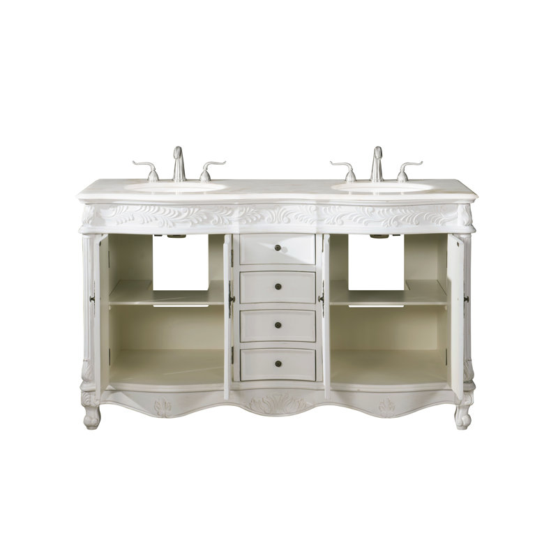 Mannie 60'' Double Bathroom Vanity with Engineered Marble Top, Antique White, White