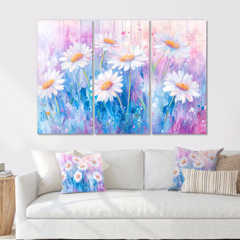 «White Daisy Sunrise Meadow I» - Ensemble de décorations murales marguerites, H 28 po x l 36 po, Toile tendue