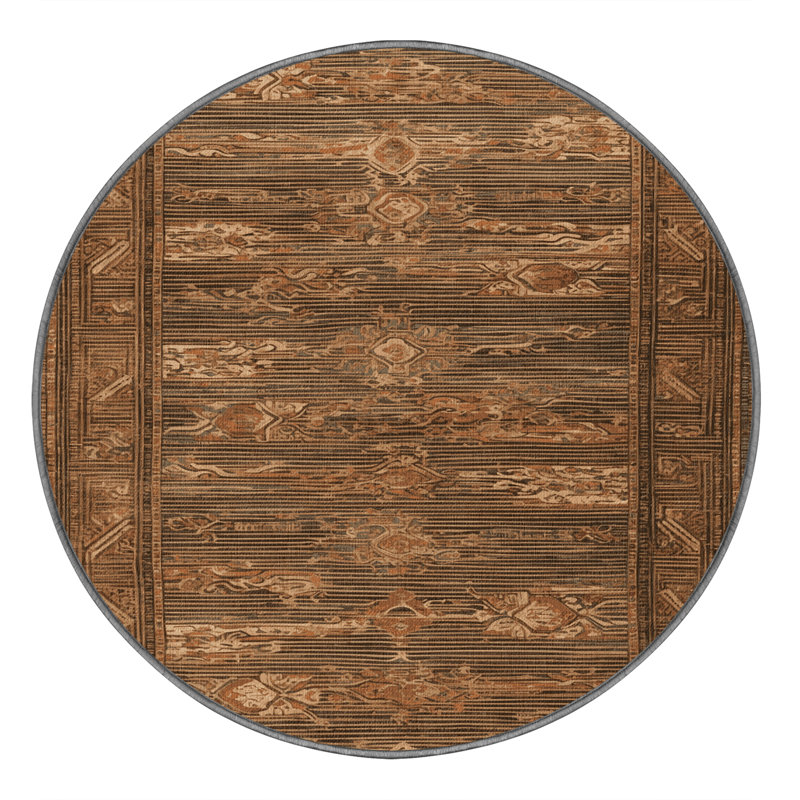 Machine Washable Art Deco Brown Area Rug, Round 3'