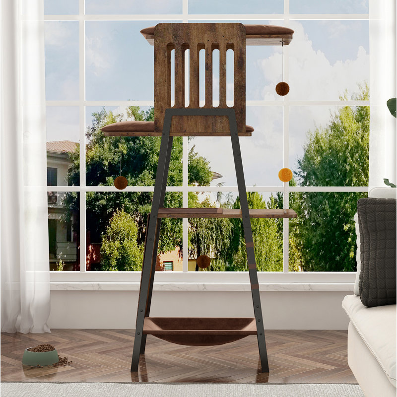 Arbre à chat moderne, tour à chat de 58 pouces pour grands chats, arbre à chat Maine Coon avec planche à gratter, grand perchoir, hamac et coussinets amovibles, brun rustique
