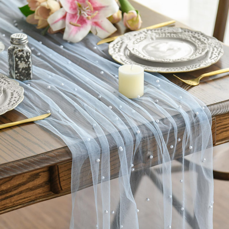 Gauze Pearl Autumn Table Runner 70 x 300 cm | Seasonal Fall Sheer Chiffon Cheesecloth Dining Holiday Birthday Wedding Table Decor for Home Party